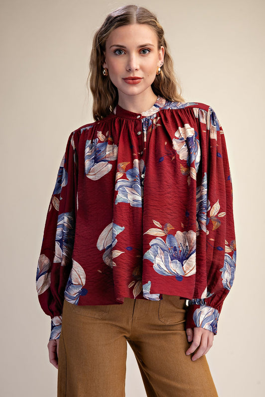 Burgundy Floral Round Neck Button Down Blouse