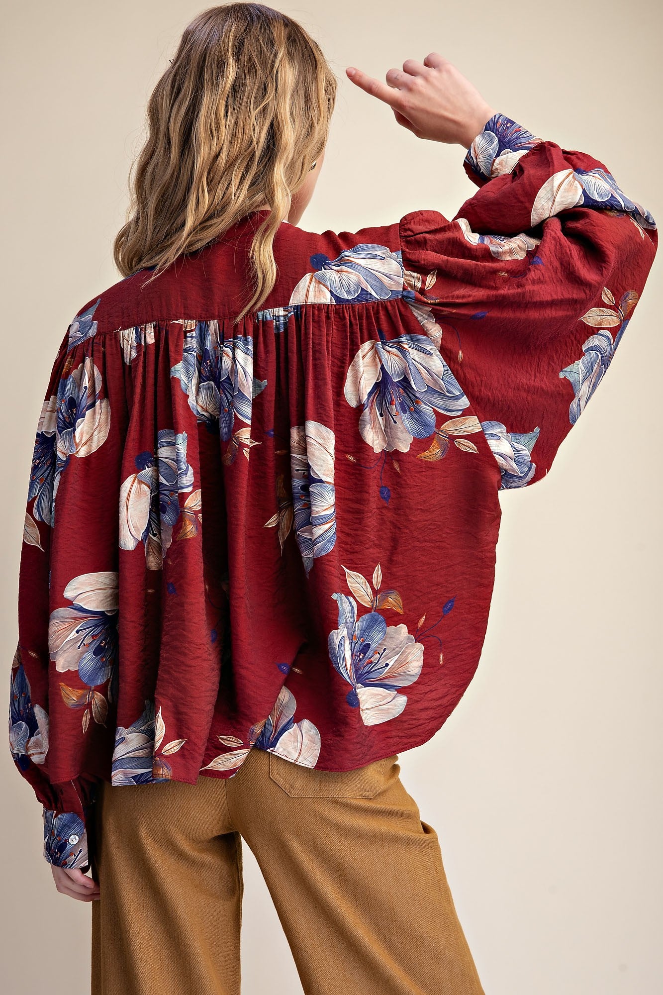 Burgundy Floral Round Neck Button Down Blouse