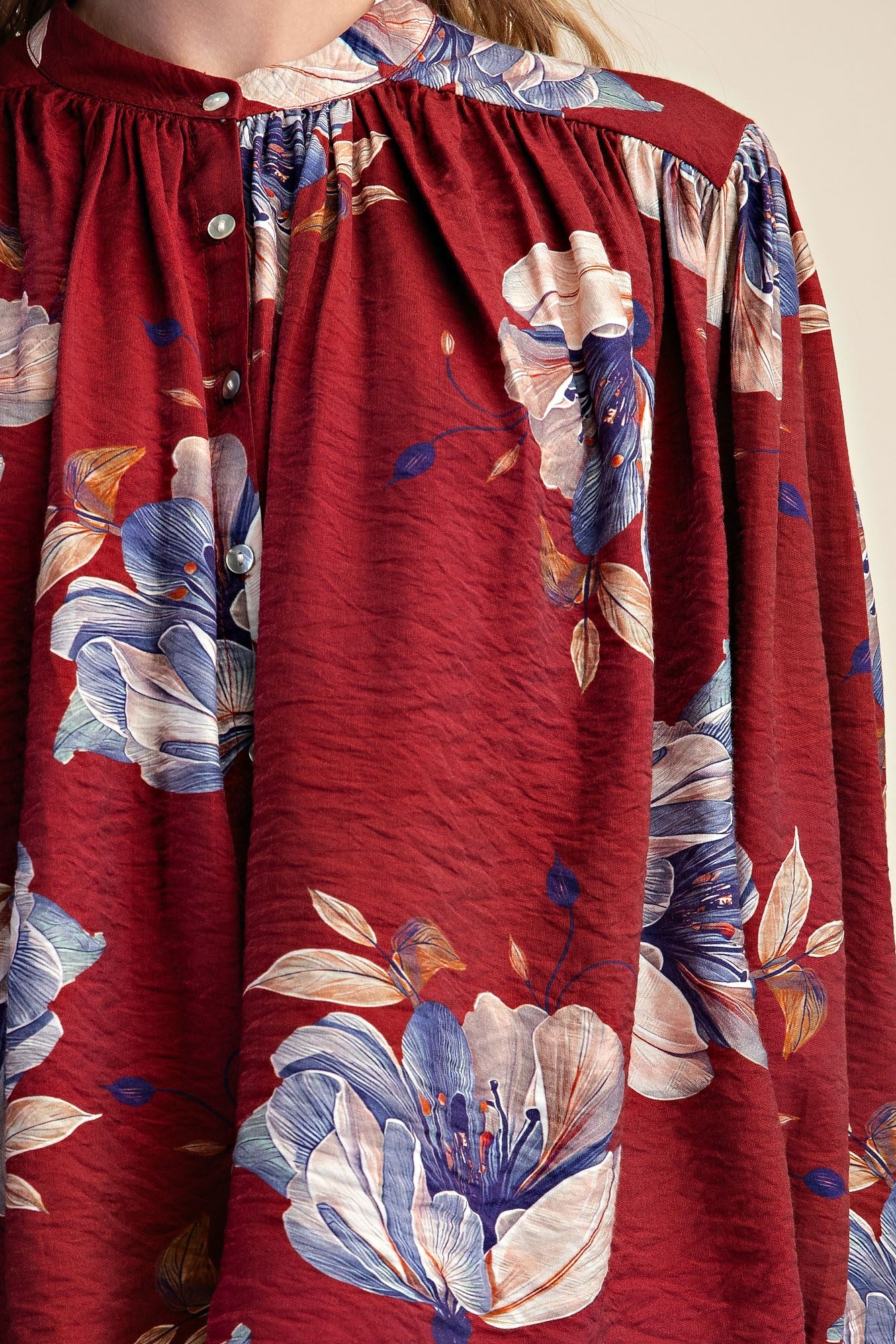 Burgundy Floral Round Neck Button Down Blouse