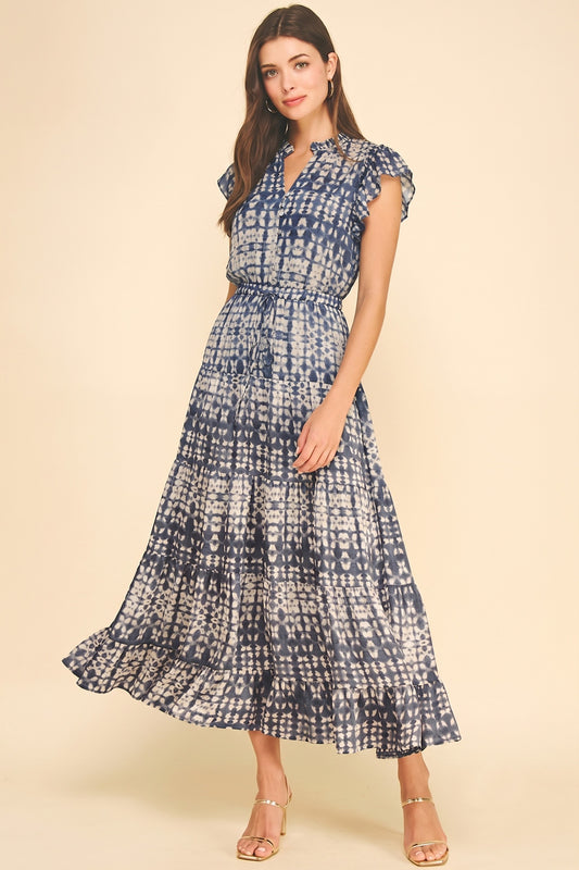 Dusty Navy Print Tiered Maxi Dress
