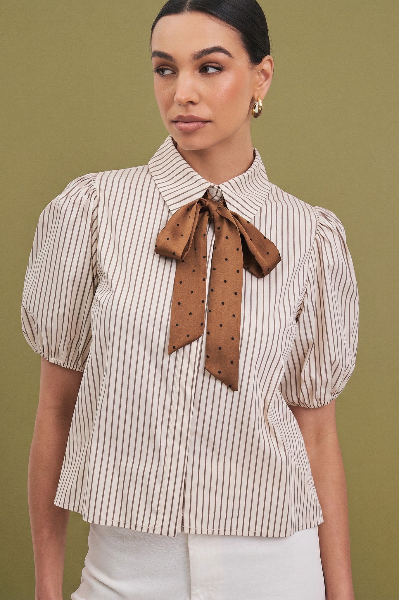 Mocha Striped Bow Blouse