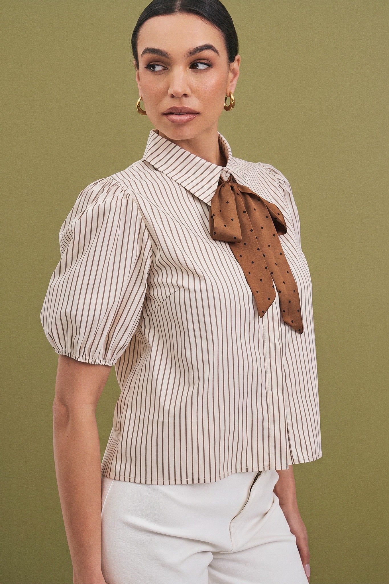 Mocha Striped Bow Blouse