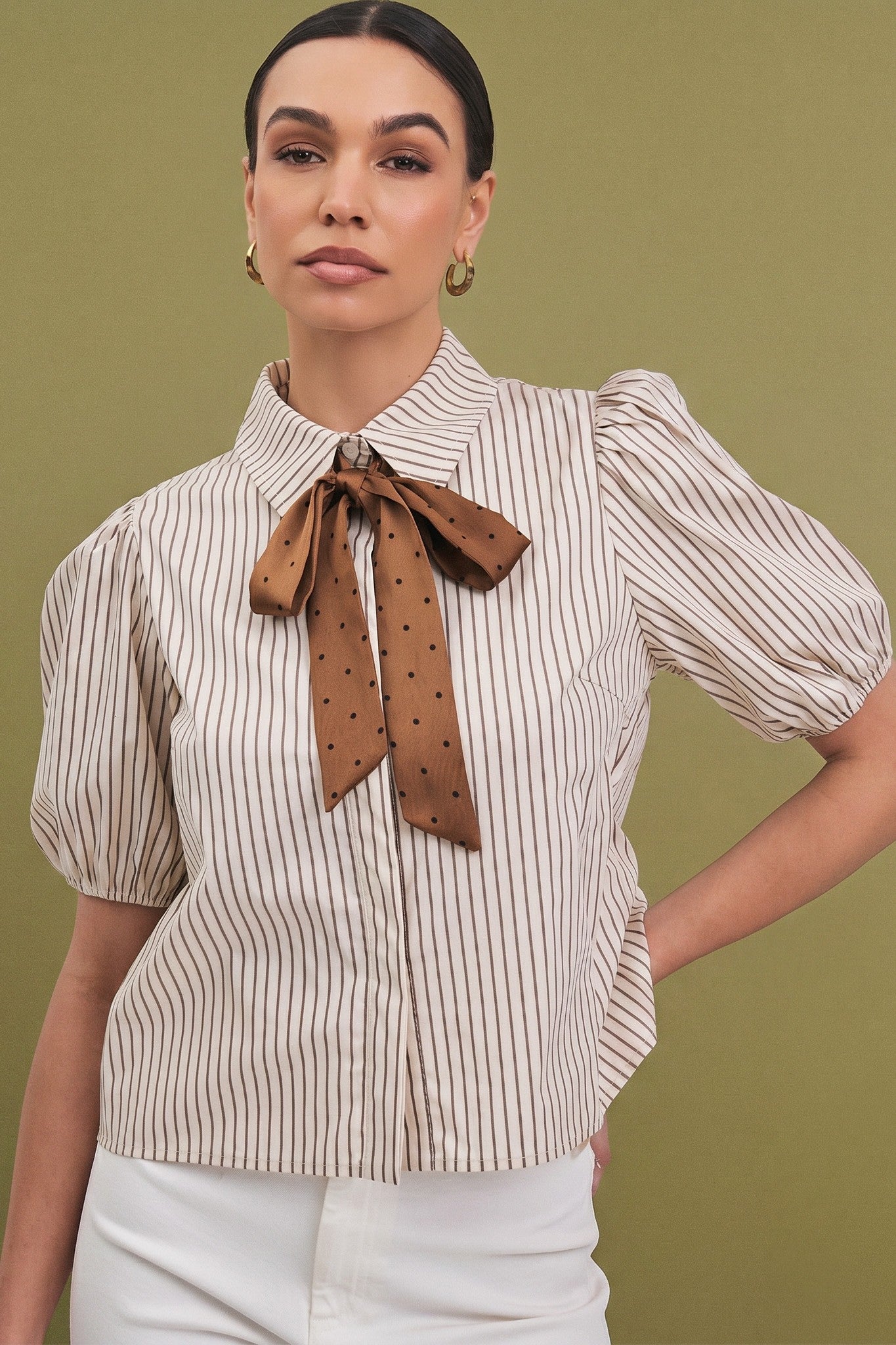 Mocha Striped Bow Blouse