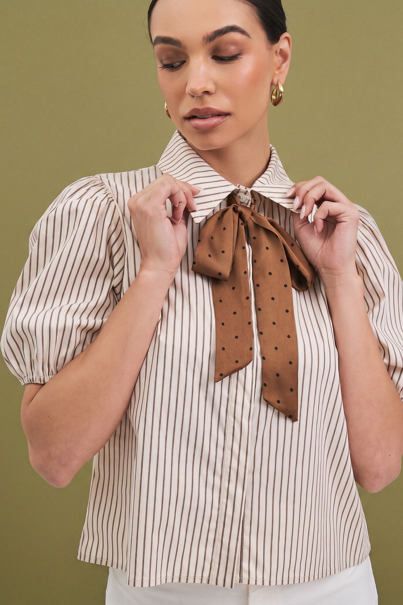 Mocha Striped Bow Blouse