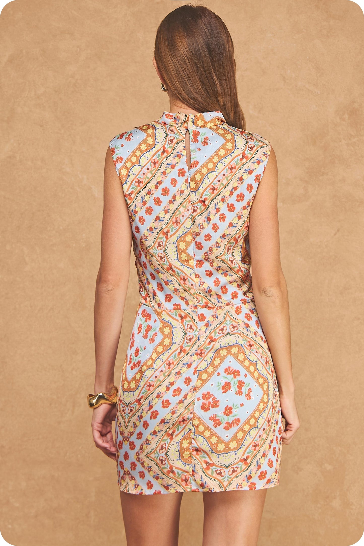 Geo Scarf Print Sleeveless Draped Neck Mini Dress