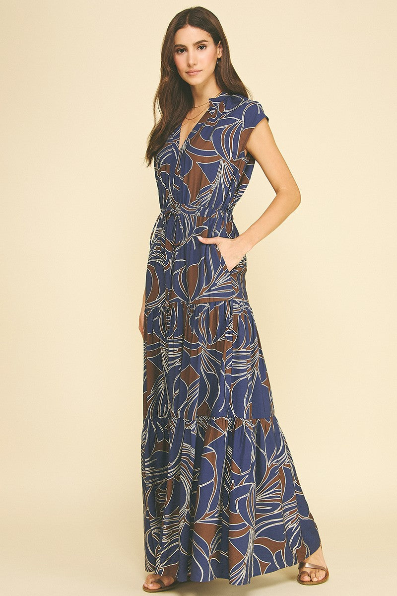 Abstract Print Tiered Maxi Dress - Navy/Brown