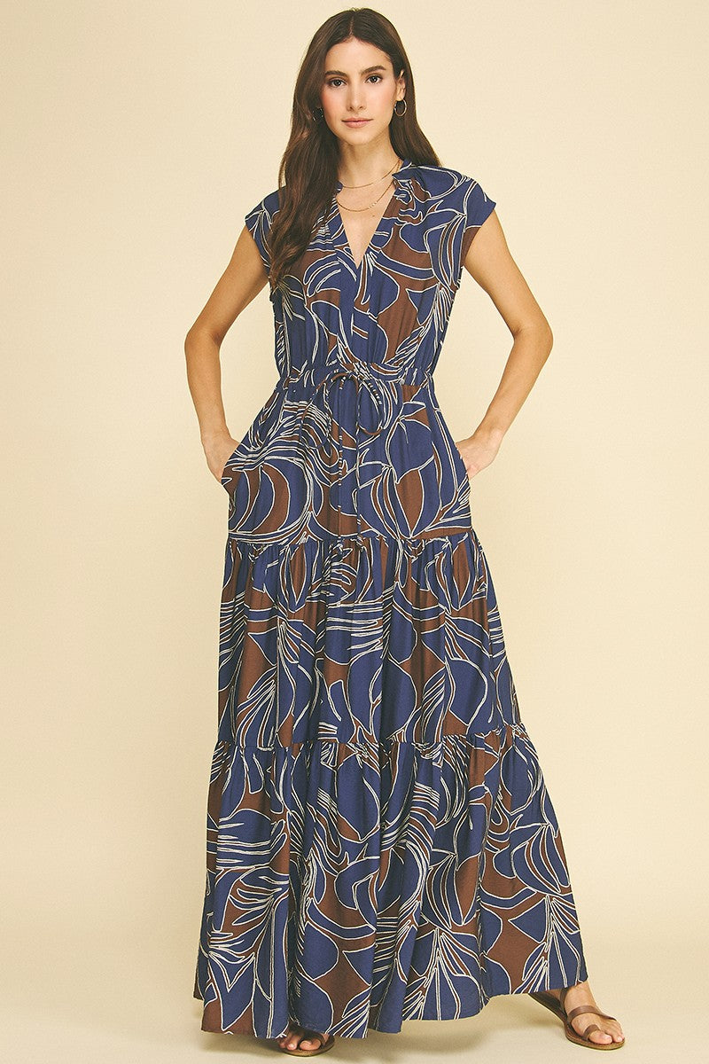 Abstract Print Tiered Maxi Dress - Navy/Brown