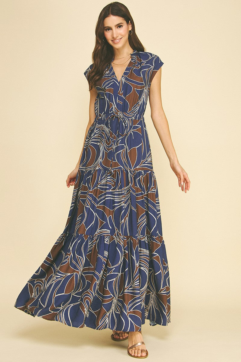 Abstract Print Tiered Maxi Dress - Navy/Brown