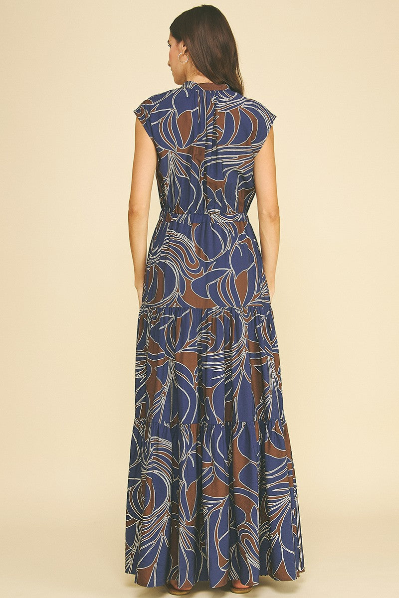 Abstract Print Tiered Maxi Dress - Navy/Brown