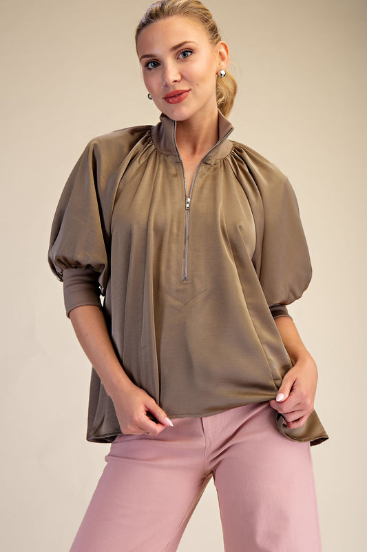Mock Neck Half Zip Blouse - Mocha