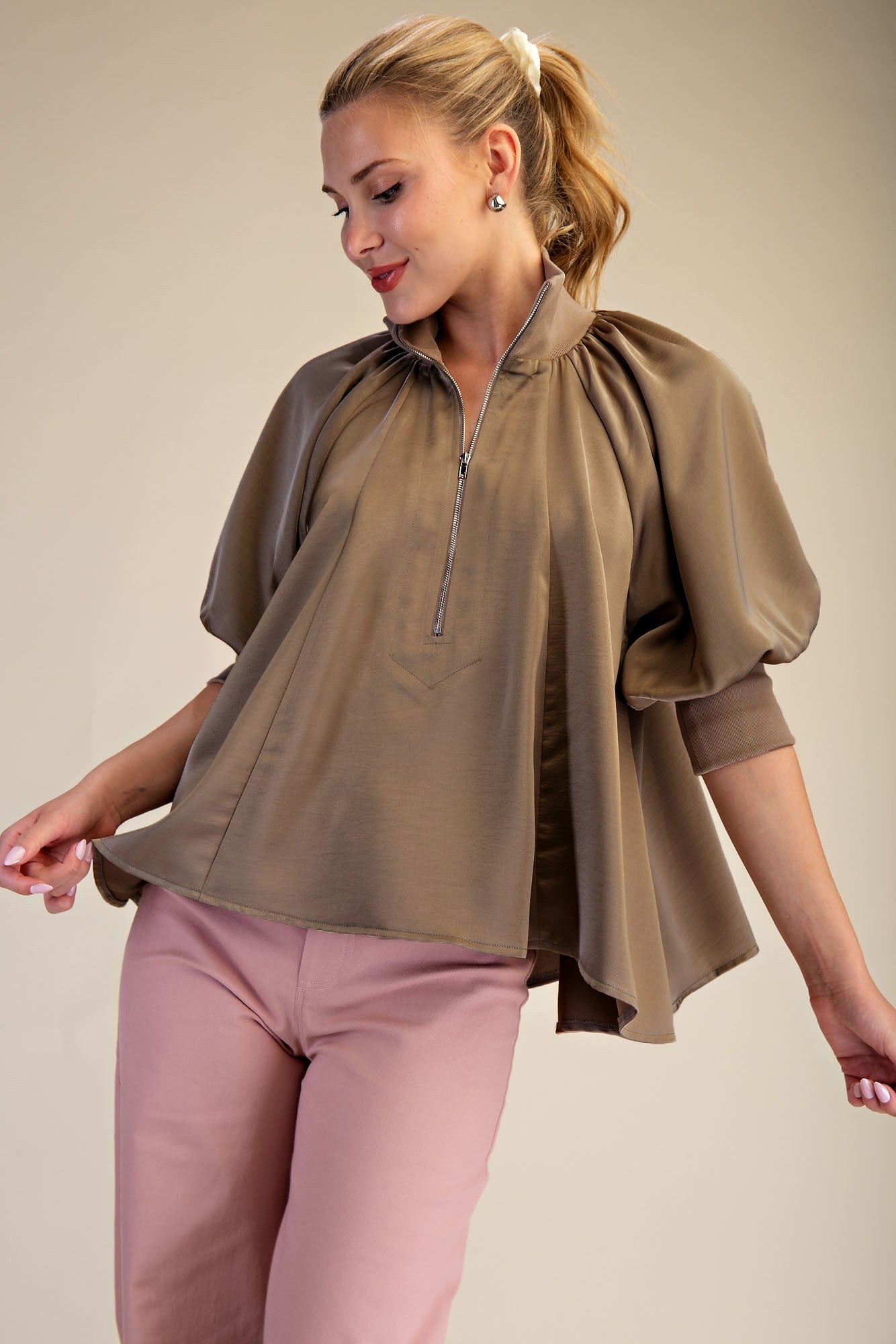 Mock Neck Half Zip Blouse - Mocha