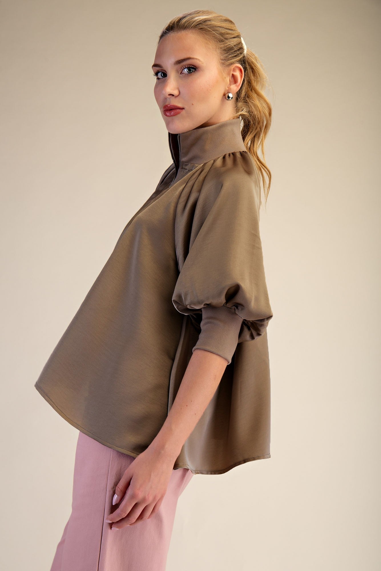 Mock Neck Half Zip Blouse - Mocha