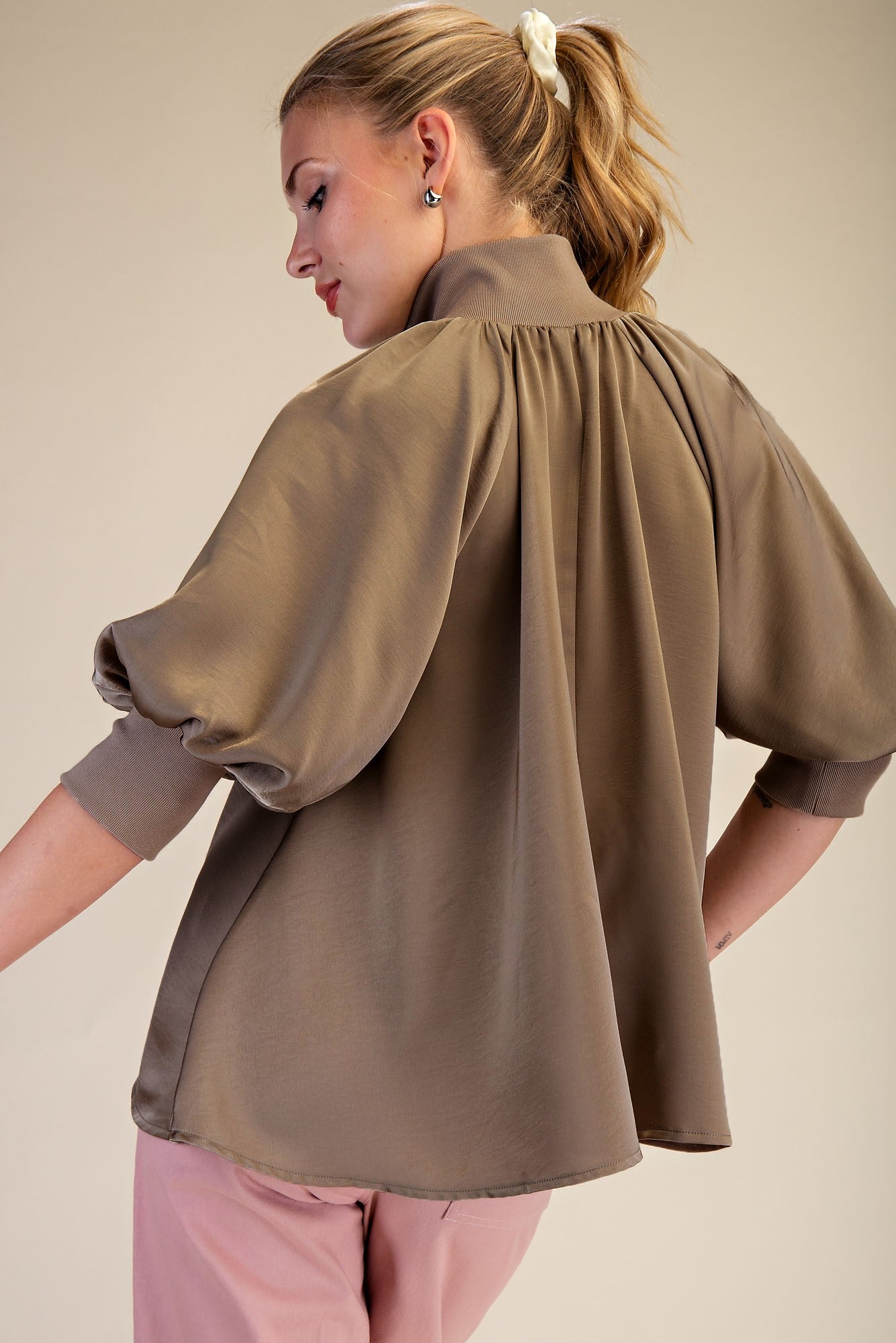 Mock Neck Half Zip Blouse - Mocha