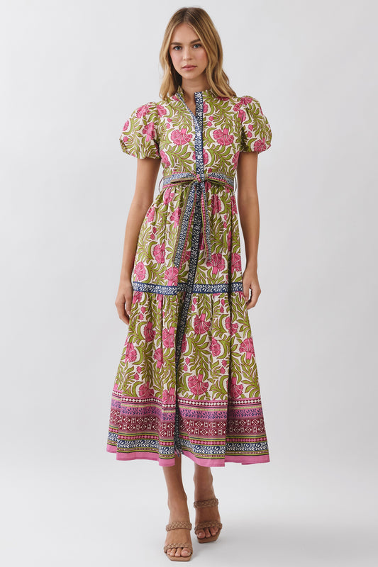 Floral Border Print Tie Waist Maxi Dress - Green Multi