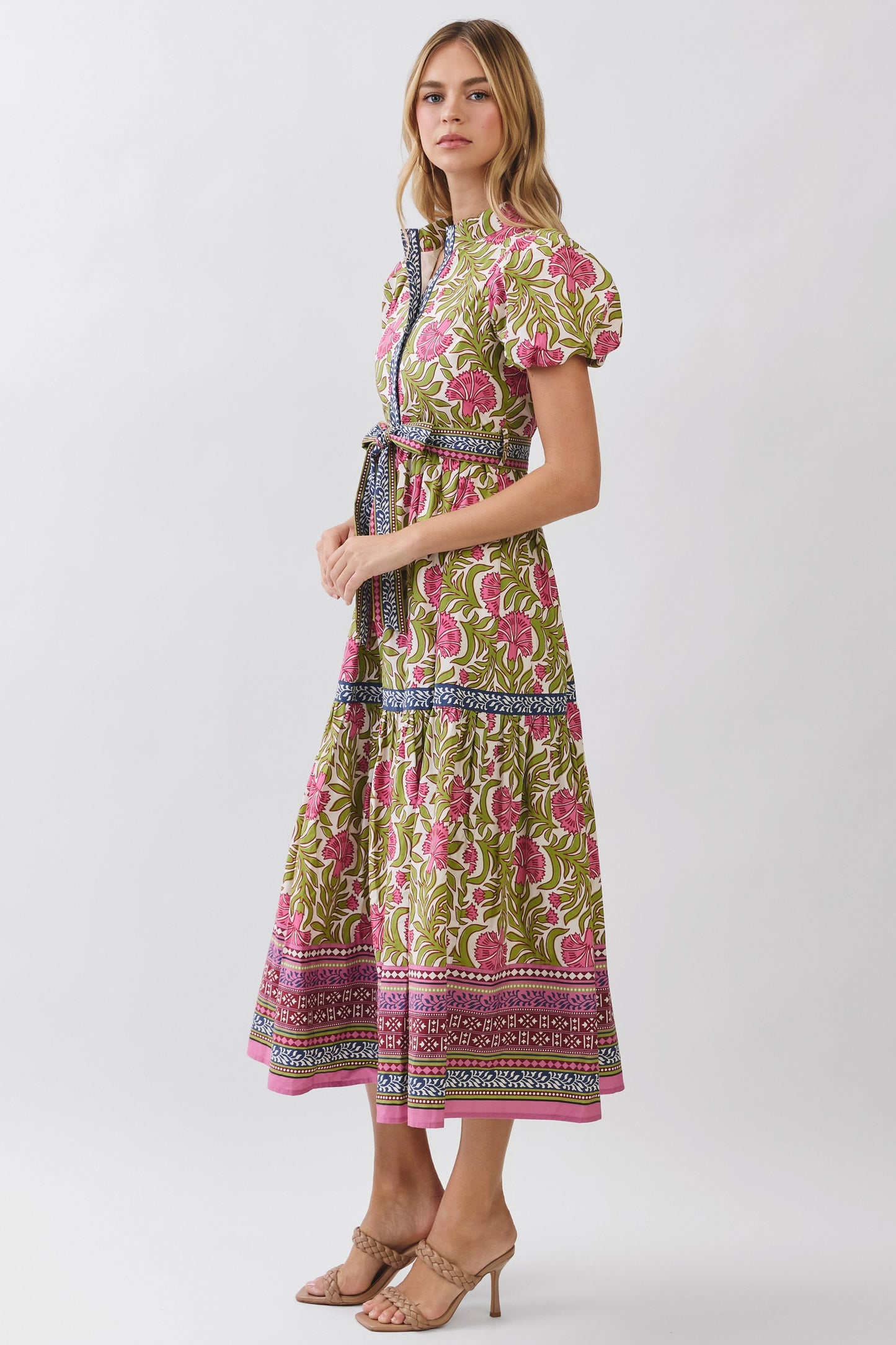 Floral Border Print Tie Waist Maxi Dress - Green Multi