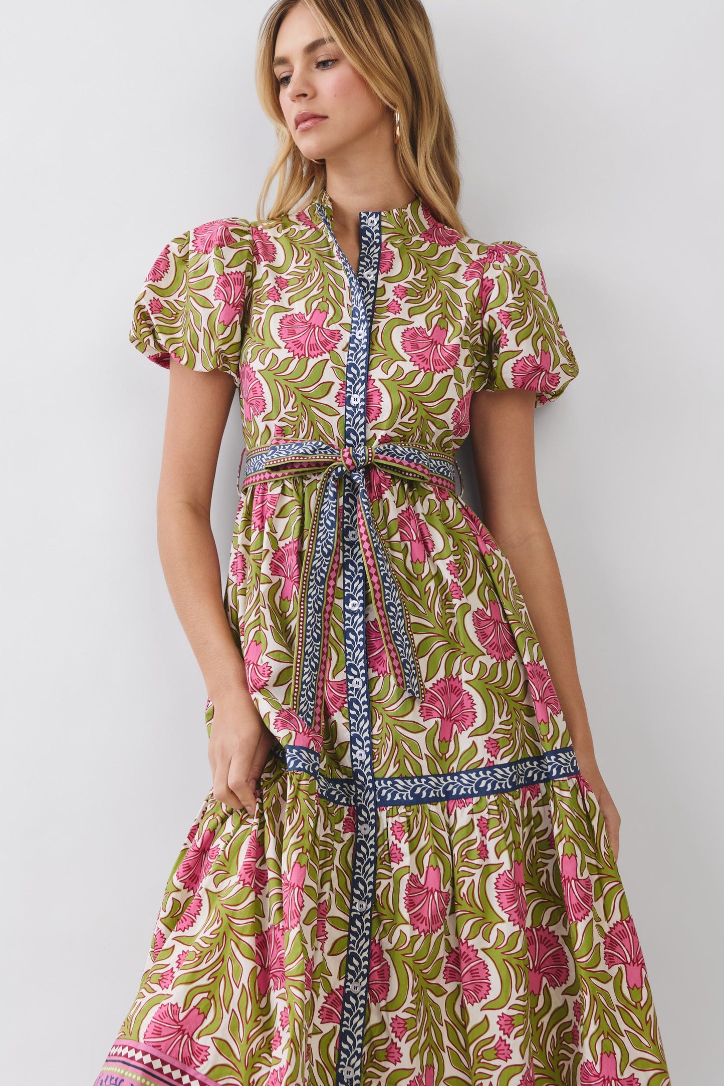 Floral Border Print Tie Waist Maxi Dress - Green Multi