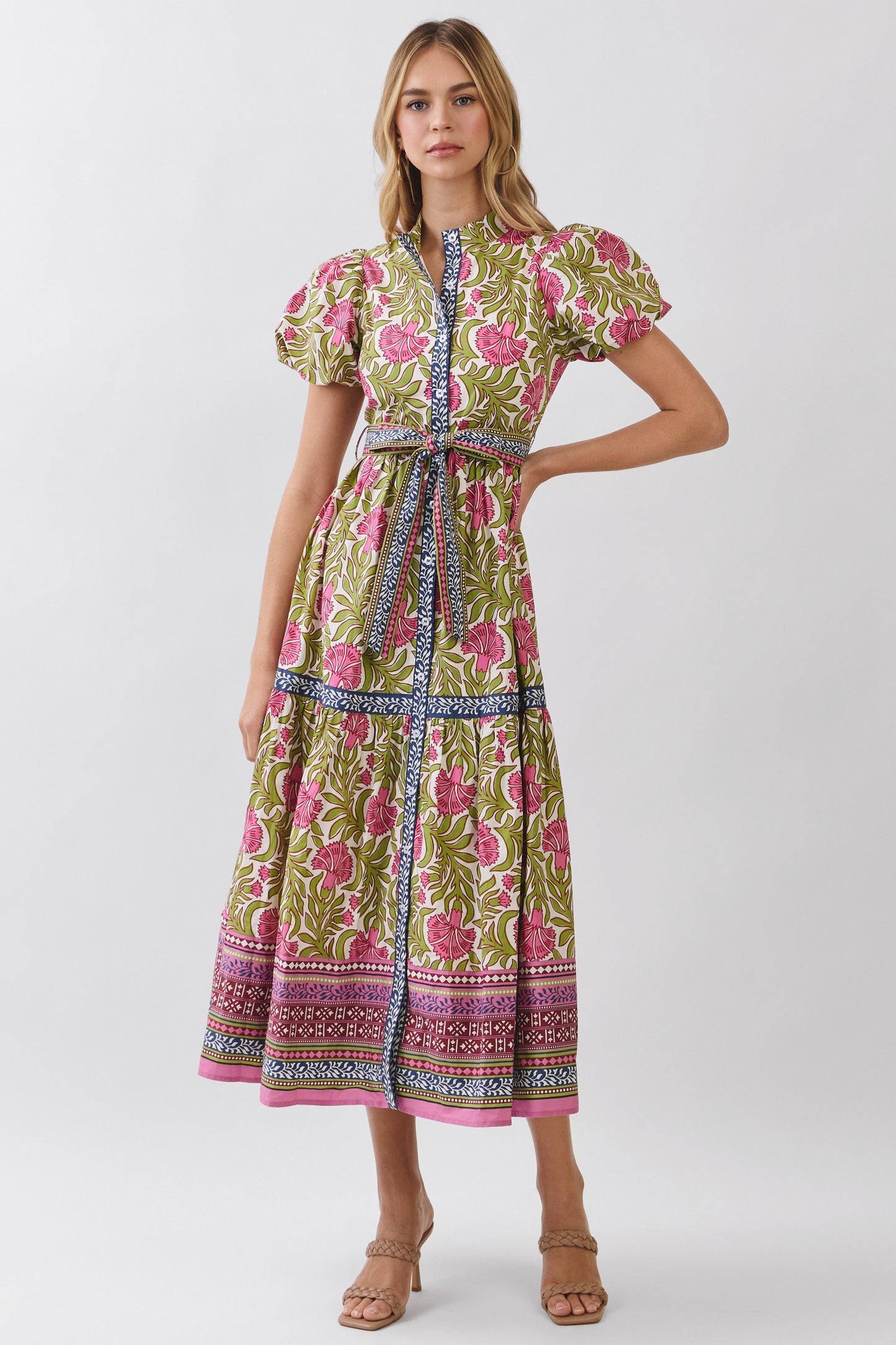 Floral Border Print Tie Waist Maxi Dress - Green Multi