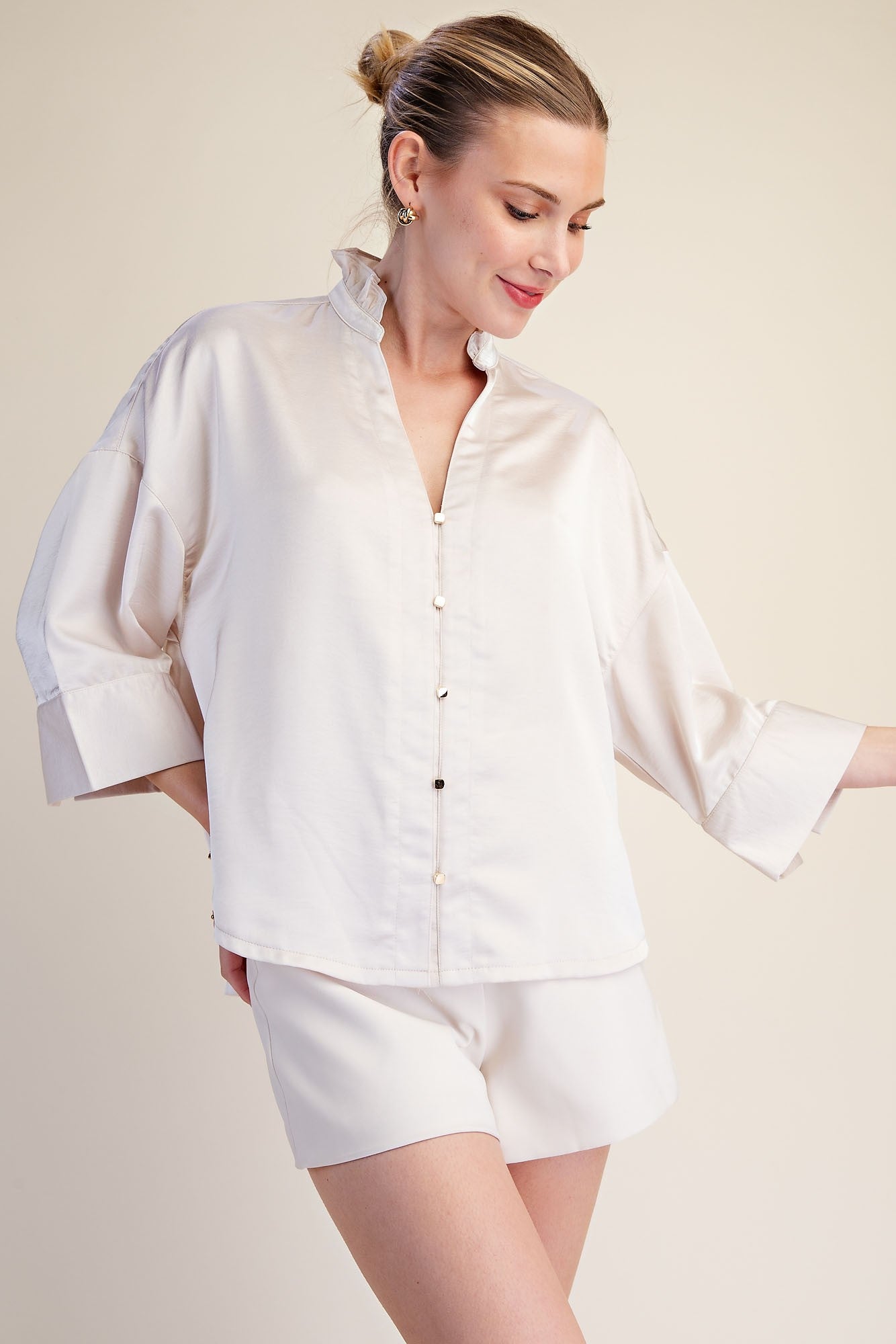 Wide Sleeve V Neck Top - Cream