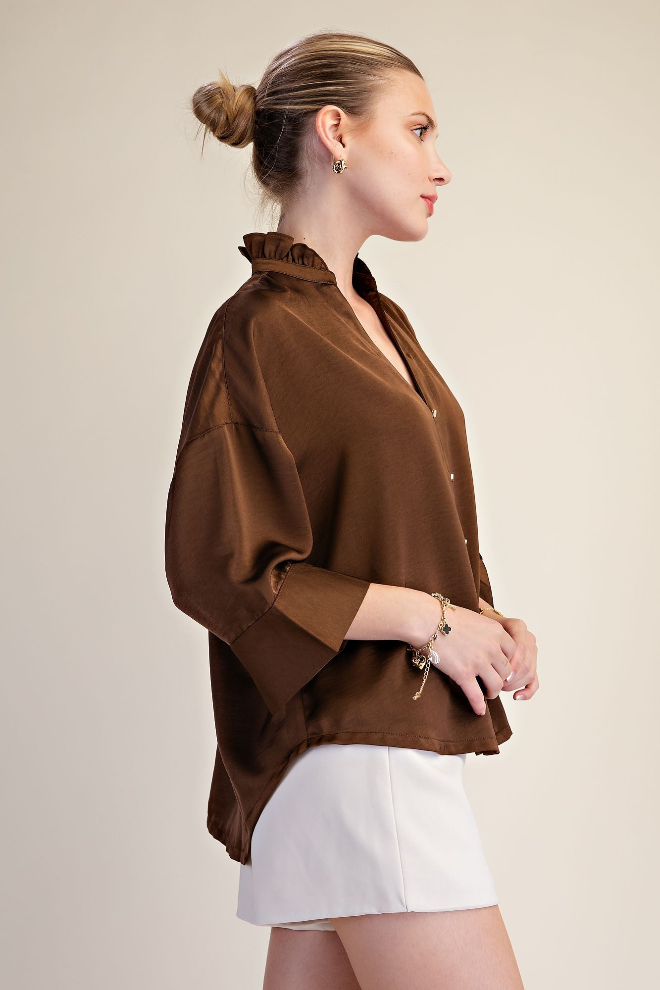 Wide Sleeve V Neck Top - Brown