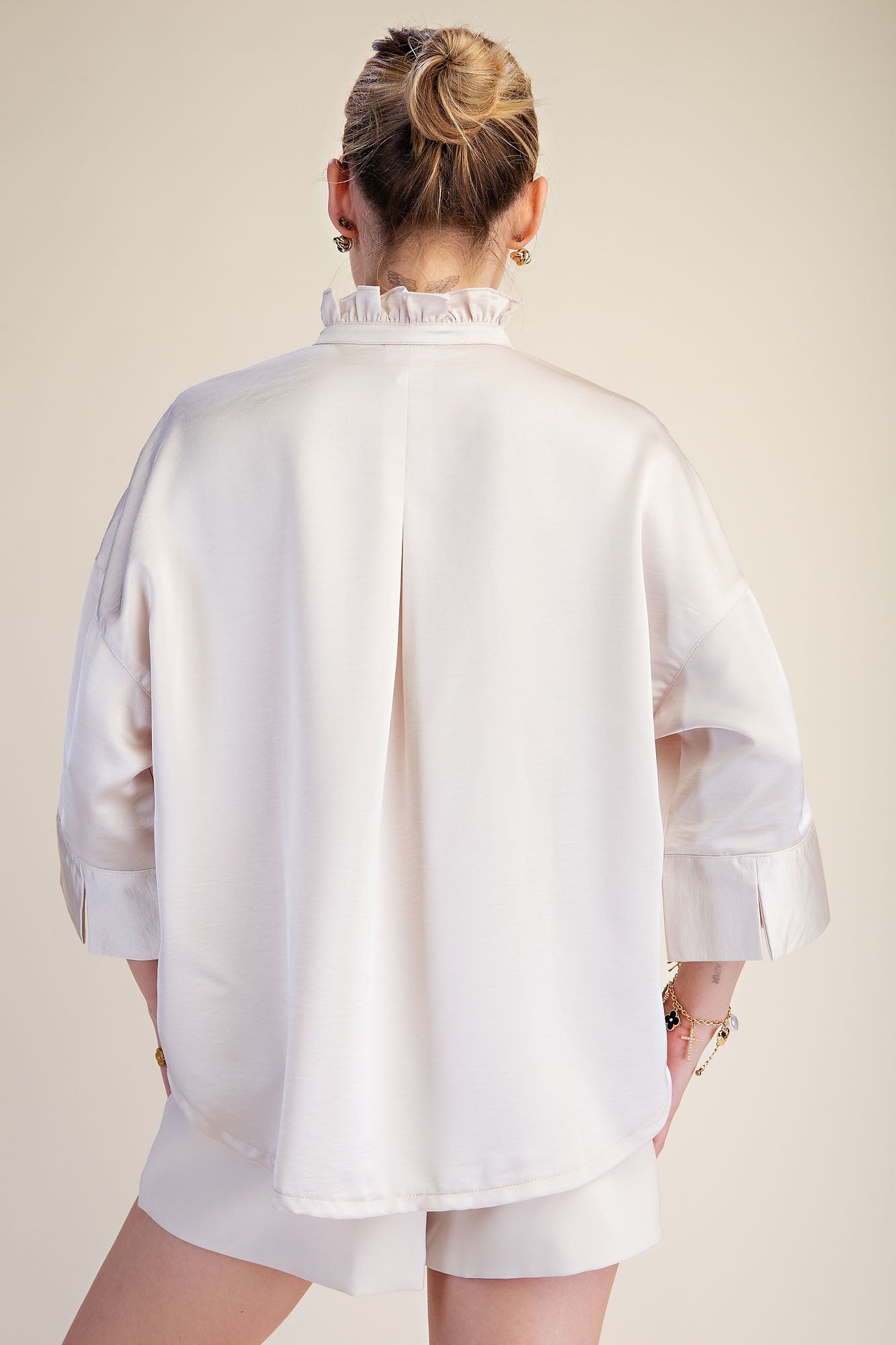 Wide Sleeve V Neck Top - Cream