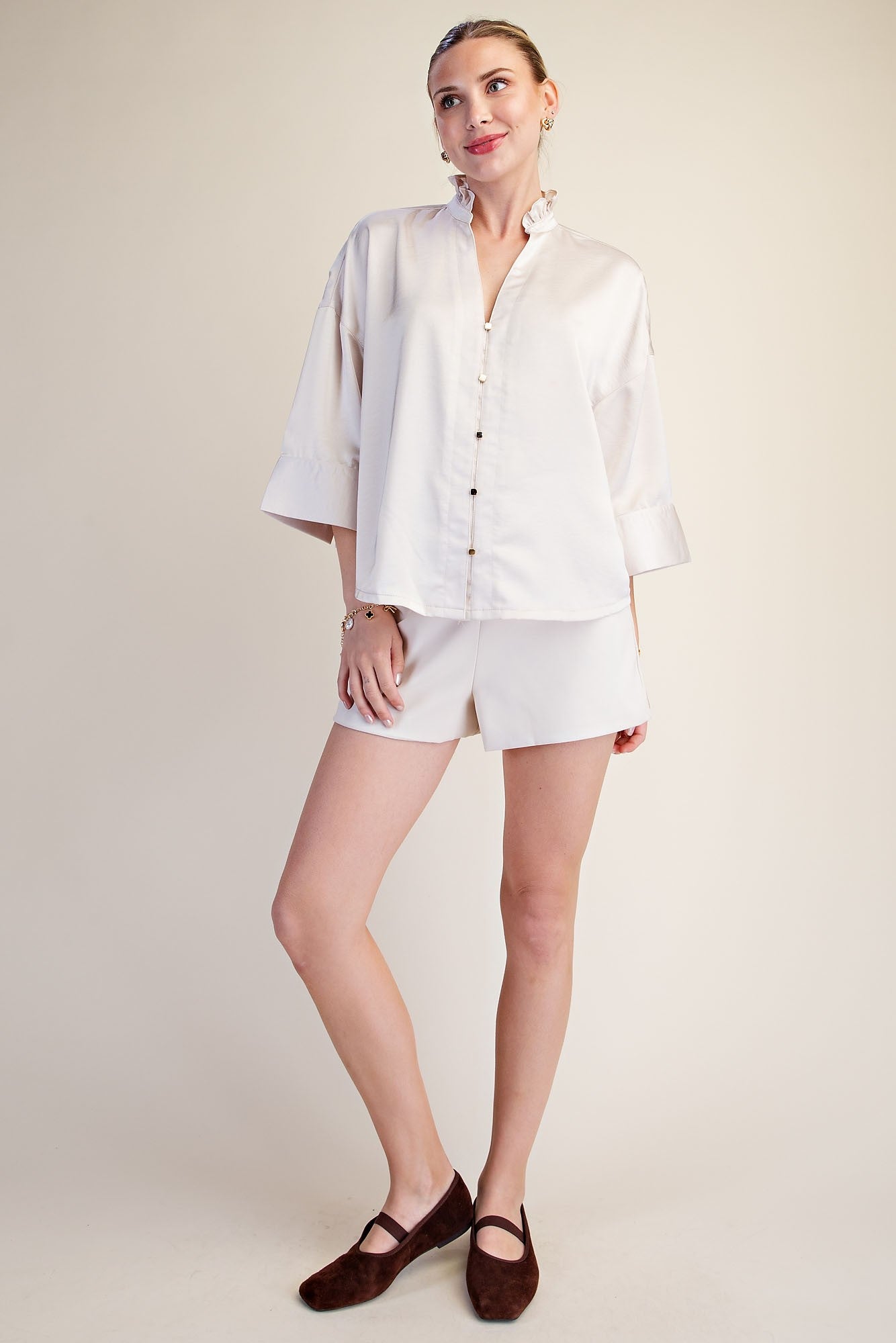 Wide Sleeve V Neck Top - Cream