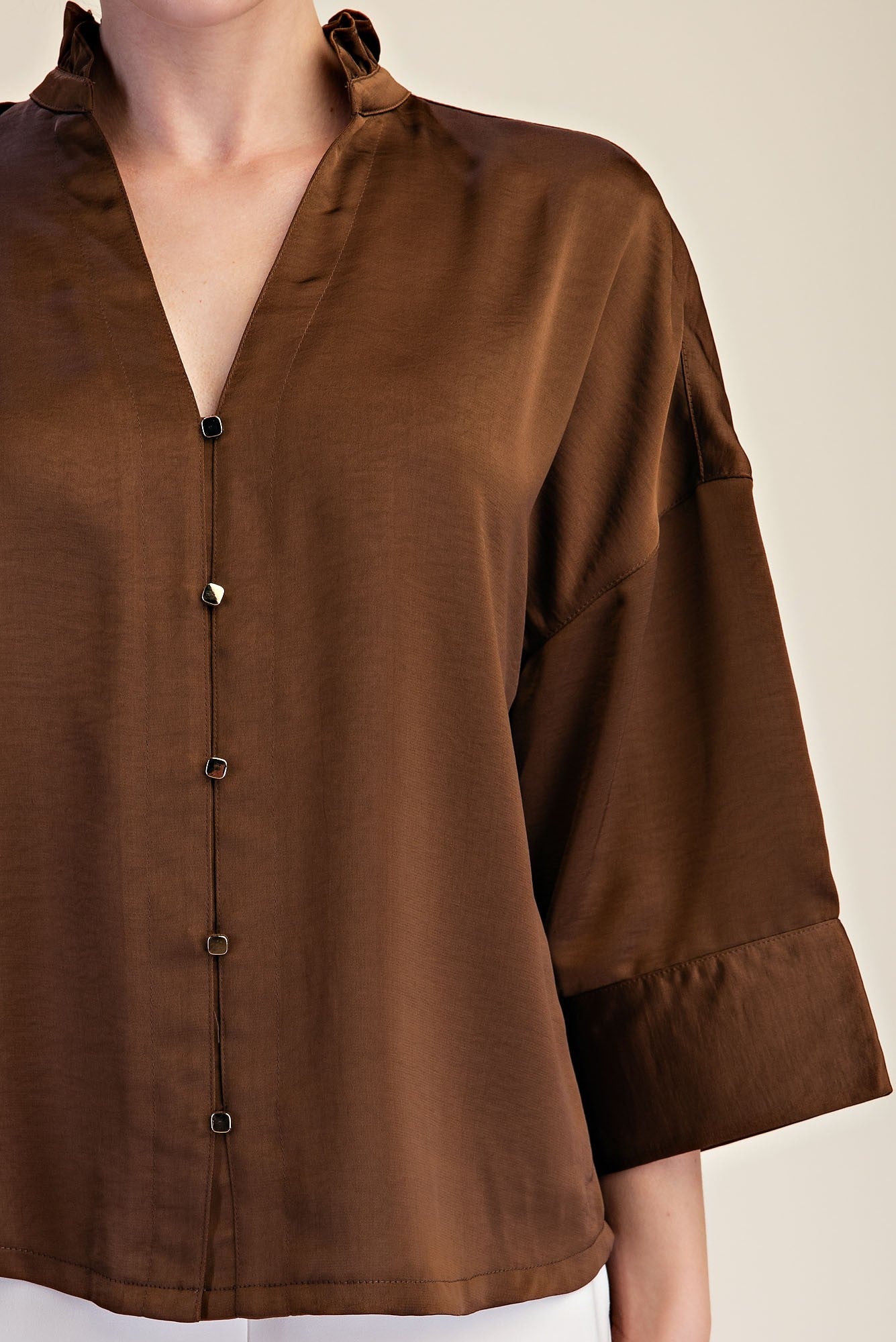 Wide Sleeve V Neck Top - Brown
