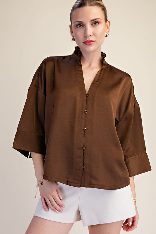 Wide Sleeve V Neck Top - Brown