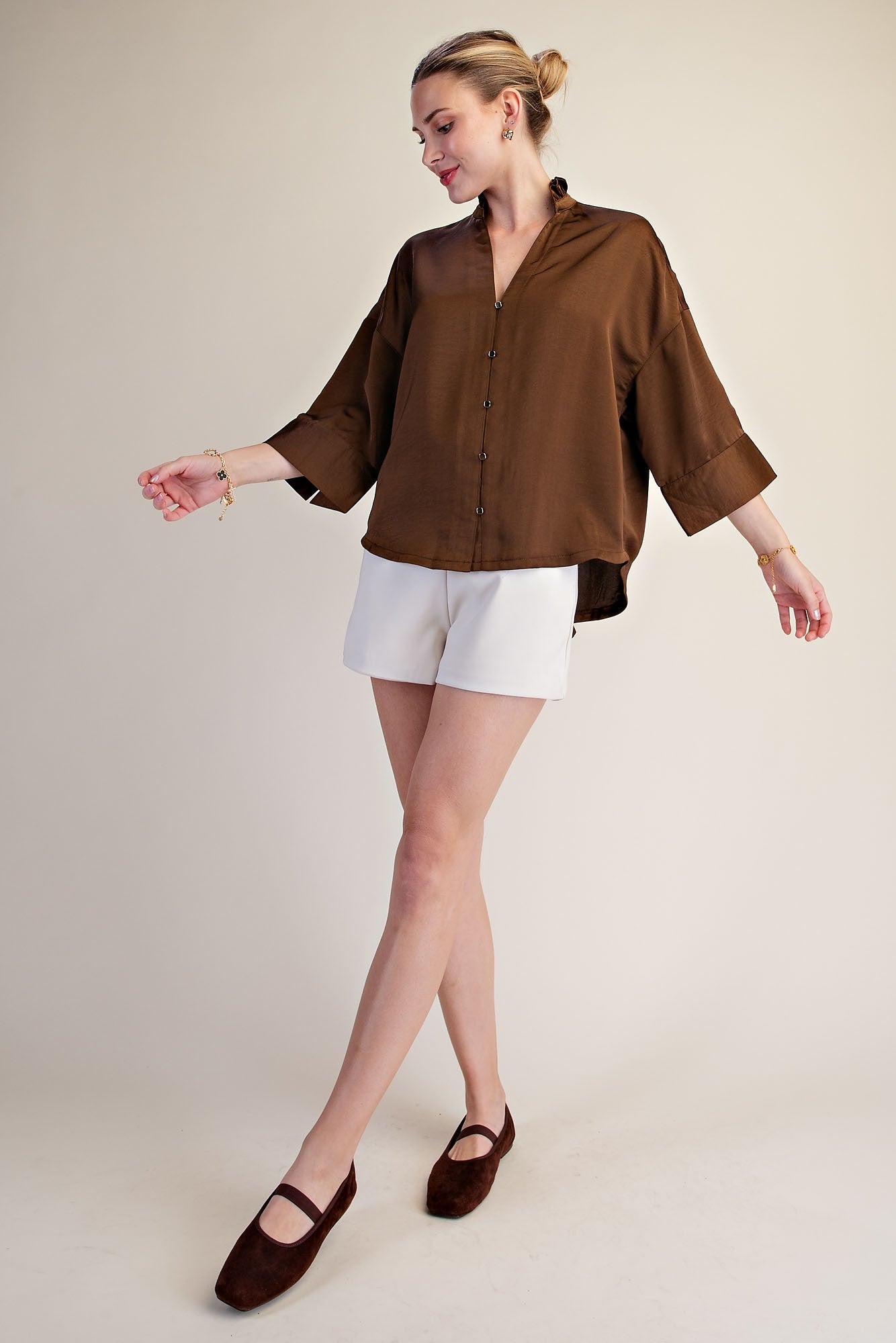 Wide Sleeve V Neck Top - Brown