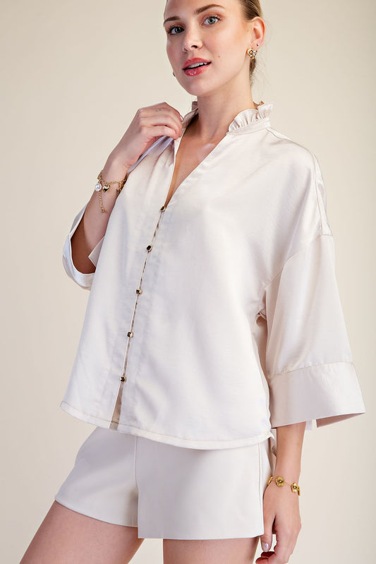 Wide Sleeve V Neck Top - Cream