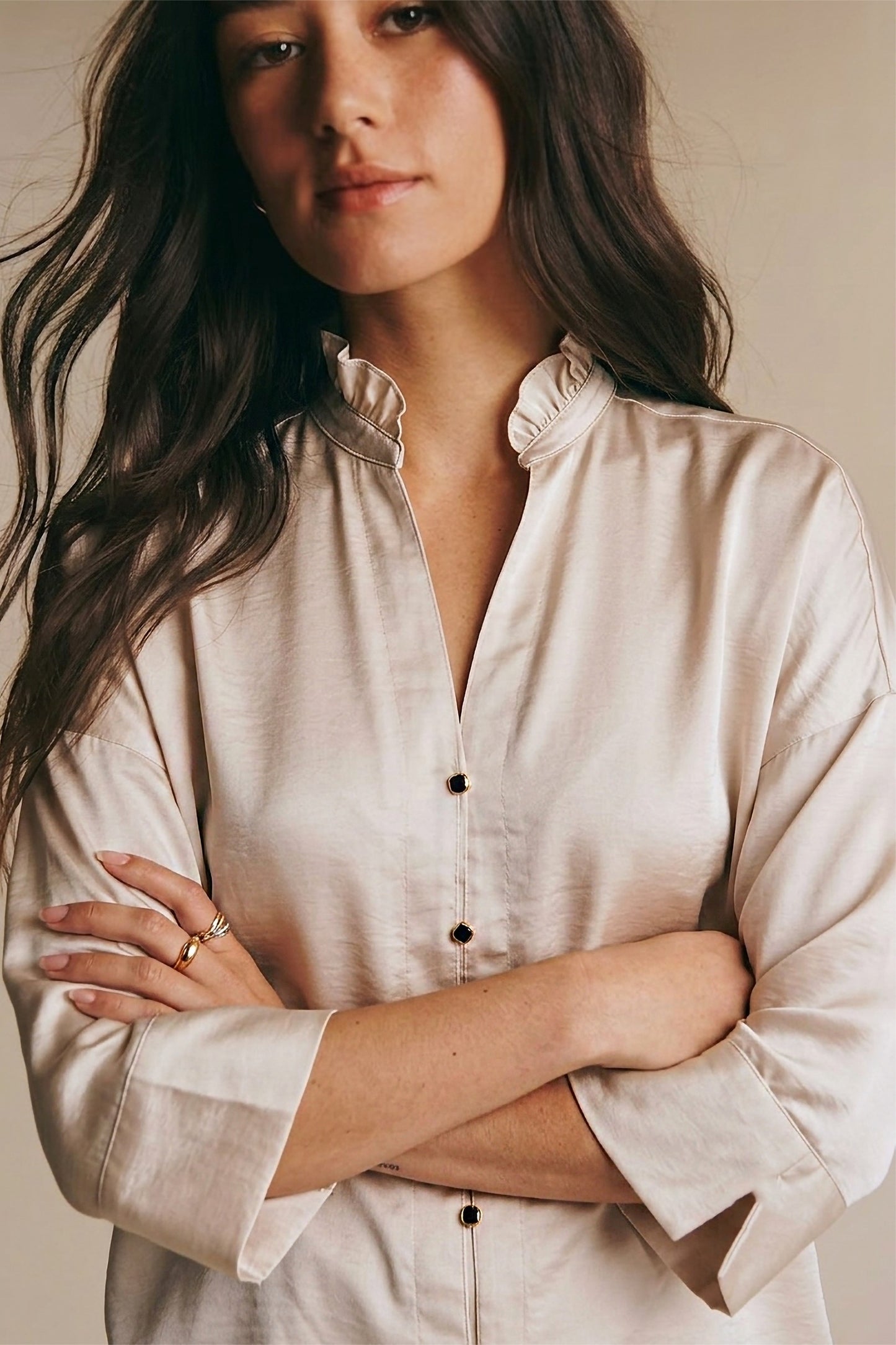 Wide Sleeve V Neck Top - Cream