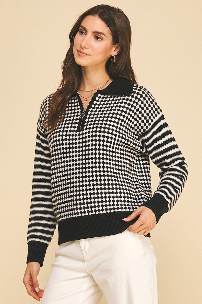 Mixed Pattern Quarter-Zip Knit Sweater