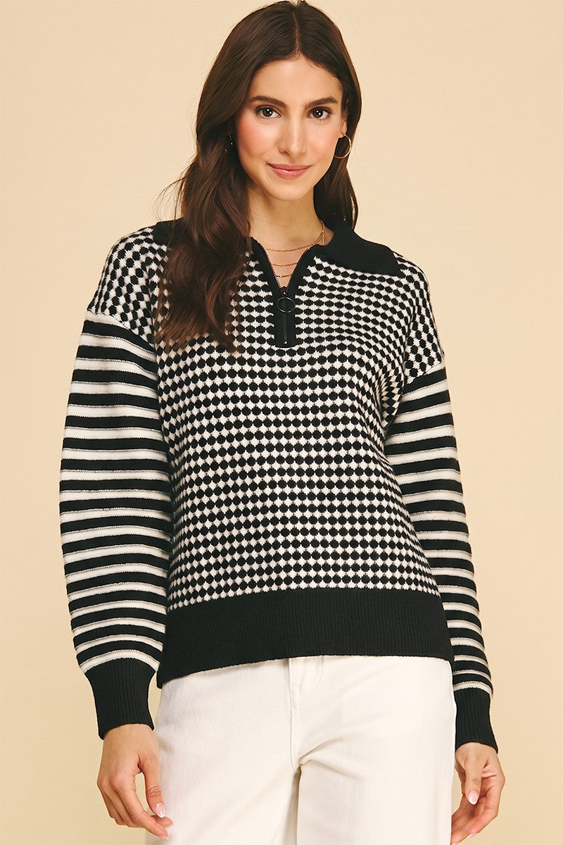 Mixed Pattern Quarter-Zip Knit Sweater