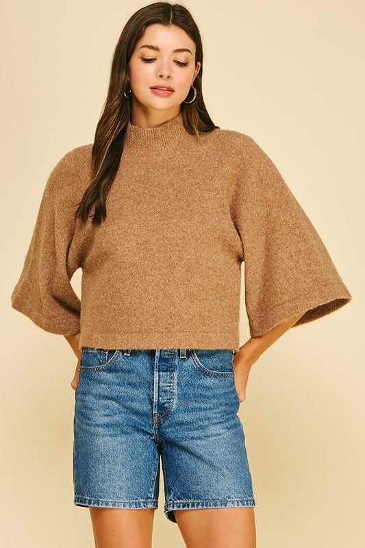Wide Sleeve Mock Neck Sweater - Taupe