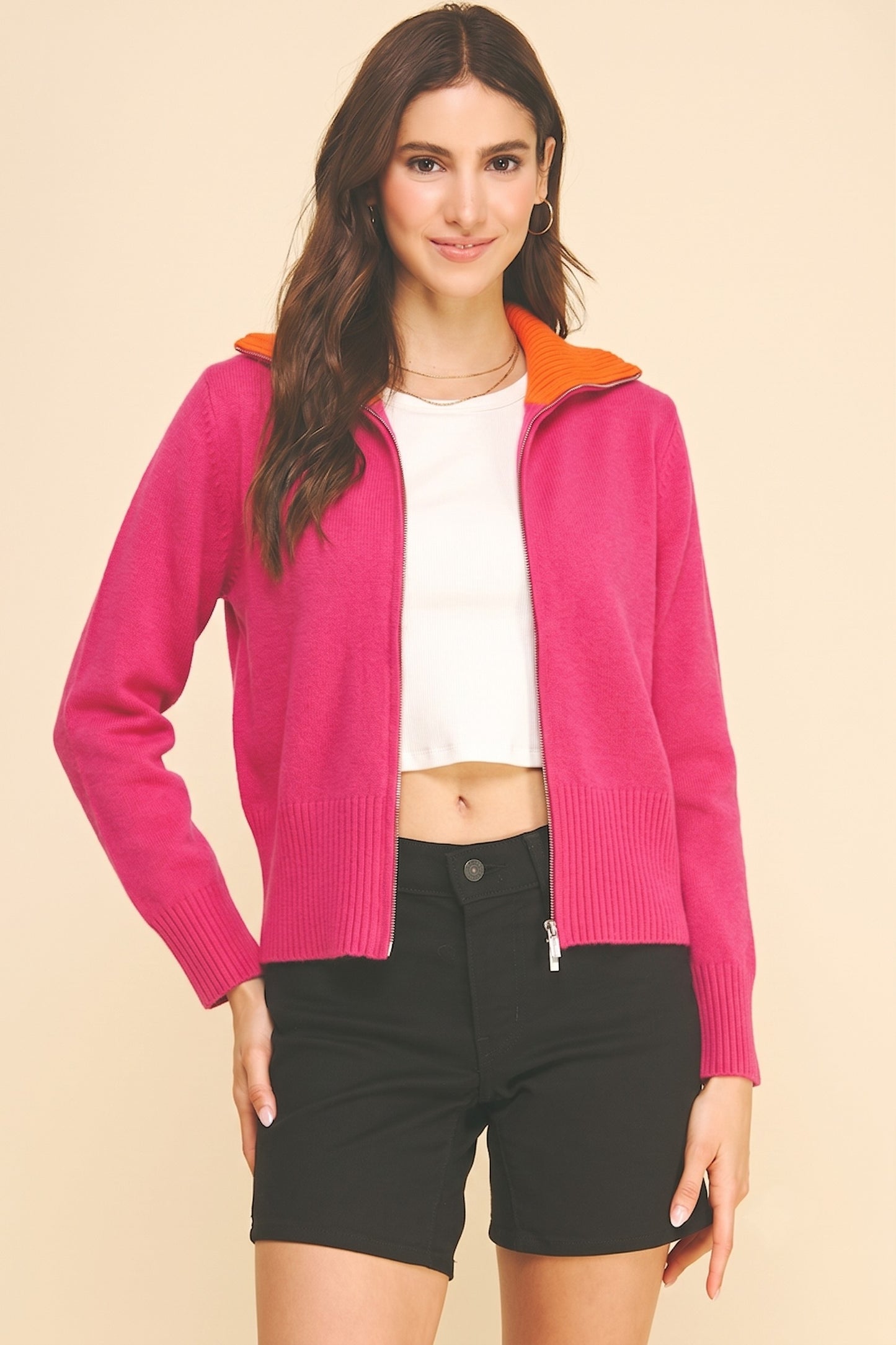 Colorblock Zip Cardigan - Pink/Orange