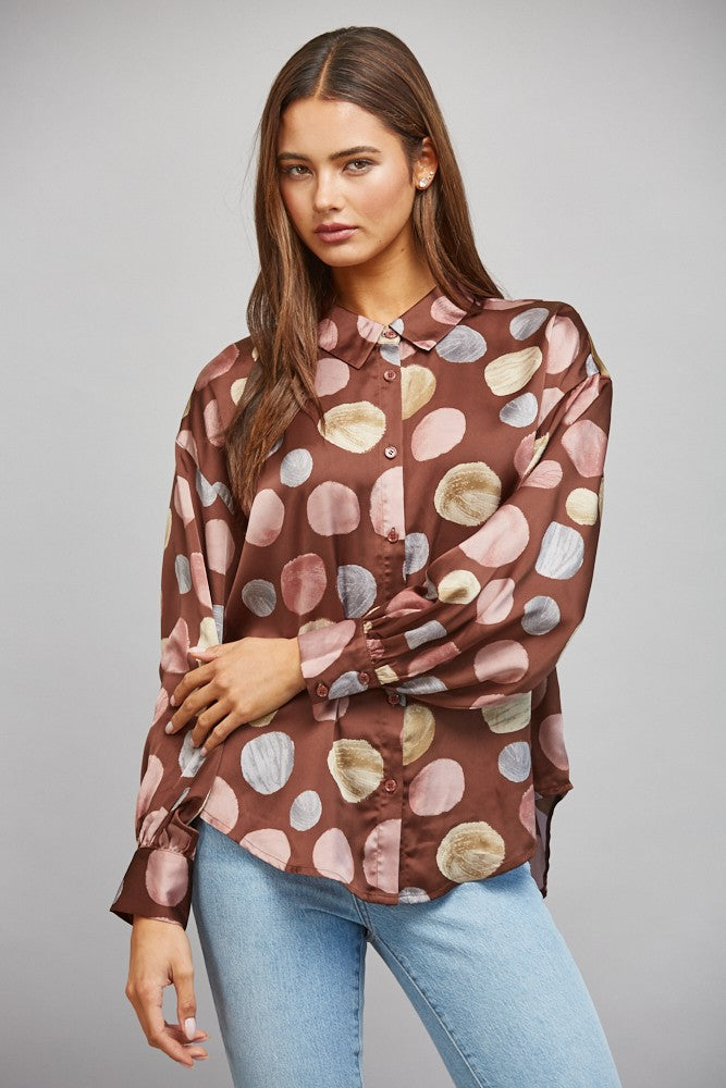 Multicolor Polka Dot Print Satin Button Up Blouse