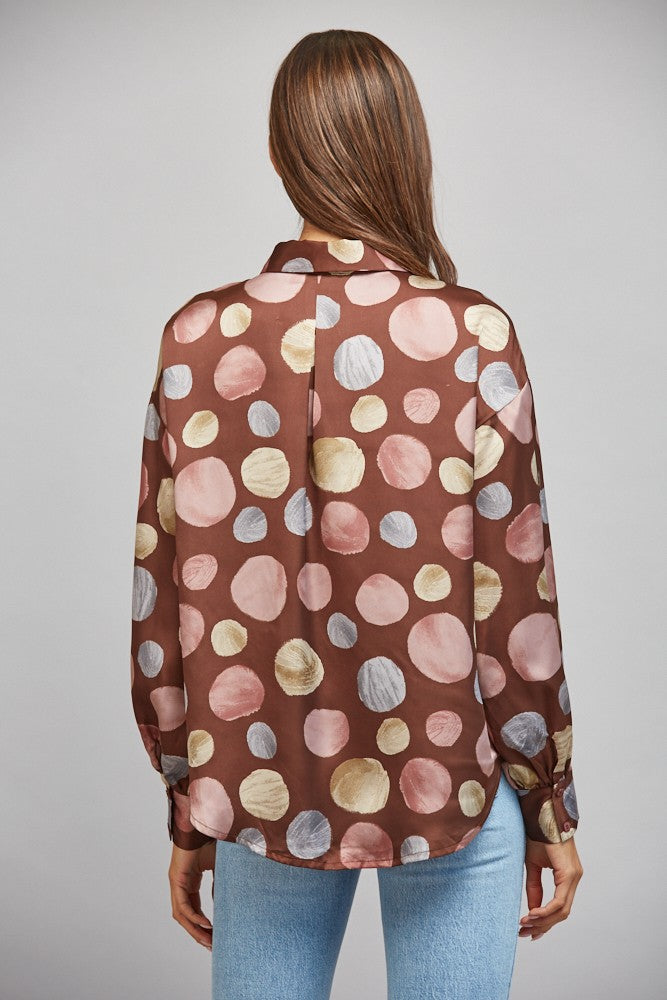 Multicolor Polka Dot Print Satin Button Up Blouse