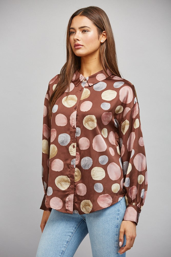 Multicolor Polka Dot Print Satin Button Up Blouse