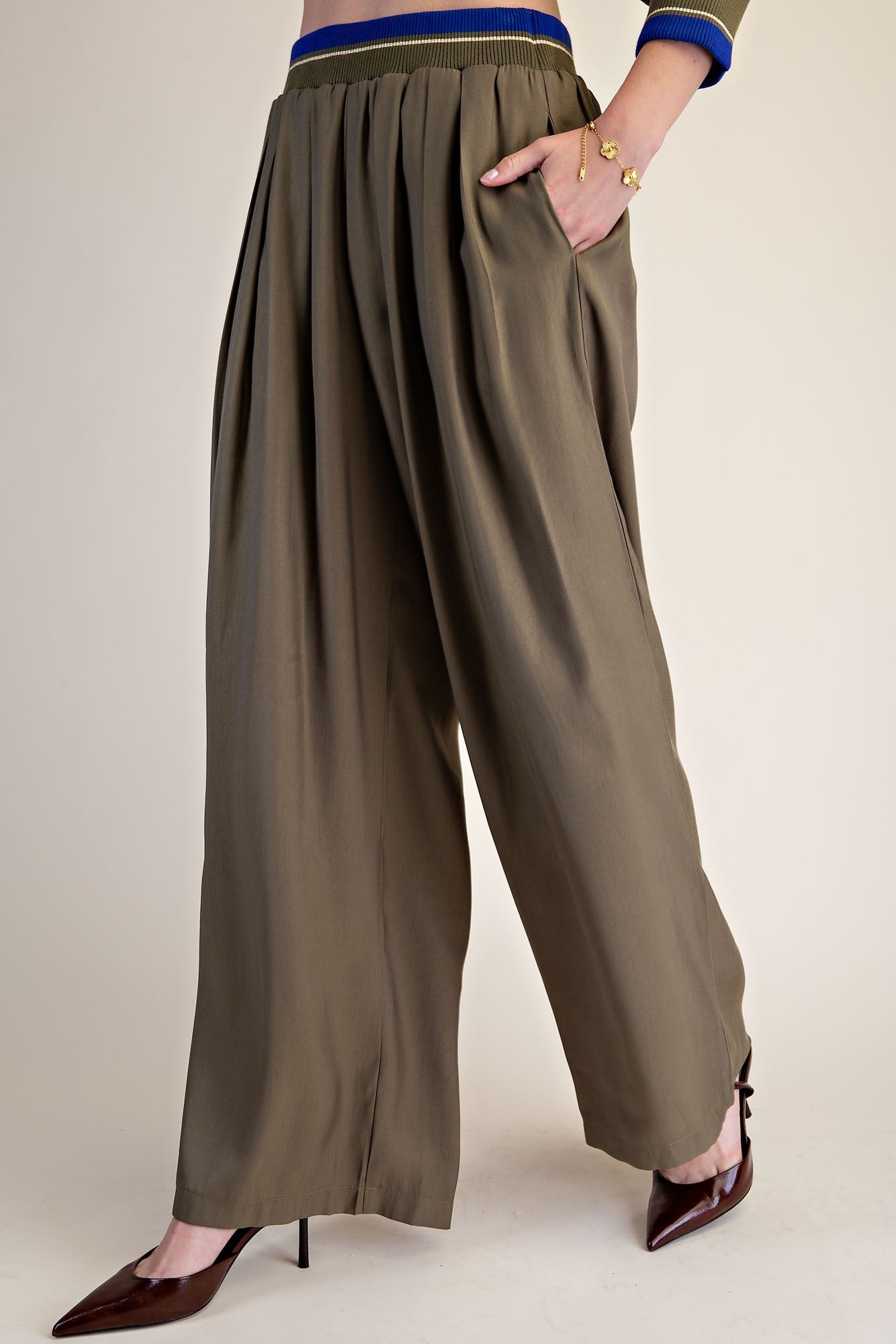 Contrast Rib Band Flowy Pants - Olive