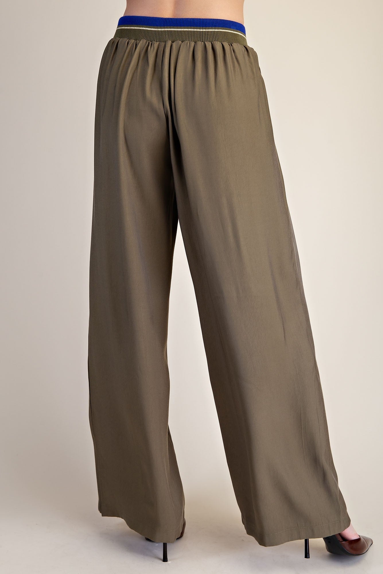 Contrast Rib Band Flowy Pants - Olive