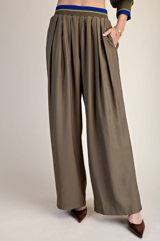 Contrast Rib Band Flowy Pants - Olive