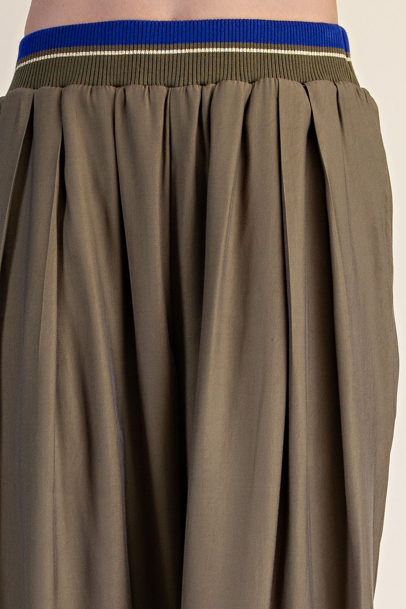 Contrast Rib Band Flowy Pants - Olive