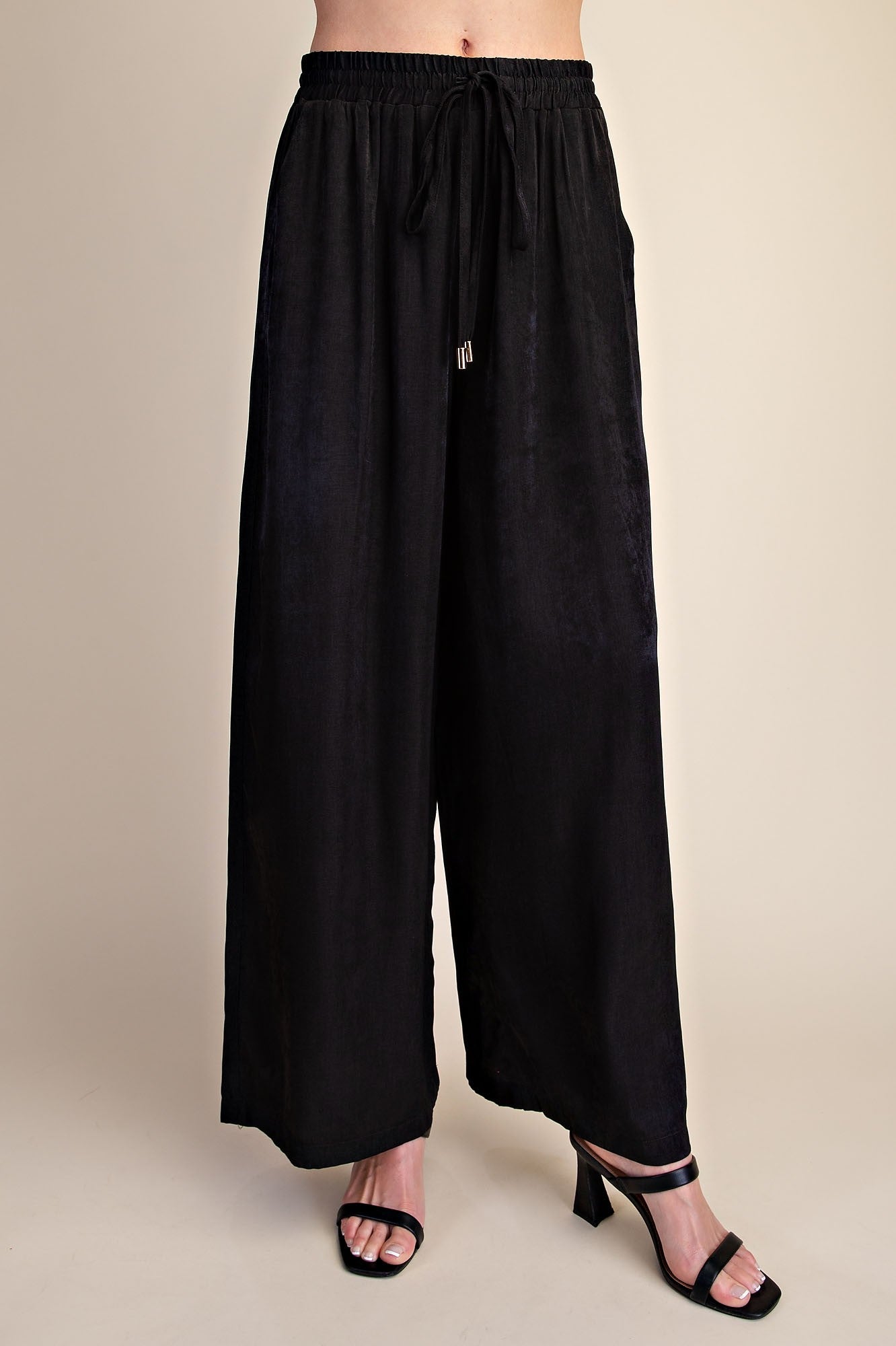 Drawstring Wide Leg Pants - Black