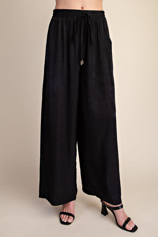 Drawstring Wide Leg Pants - Black