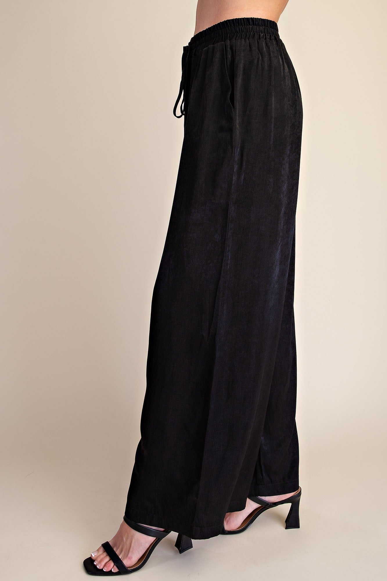 Drawstring Wide Leg Pants - Black
