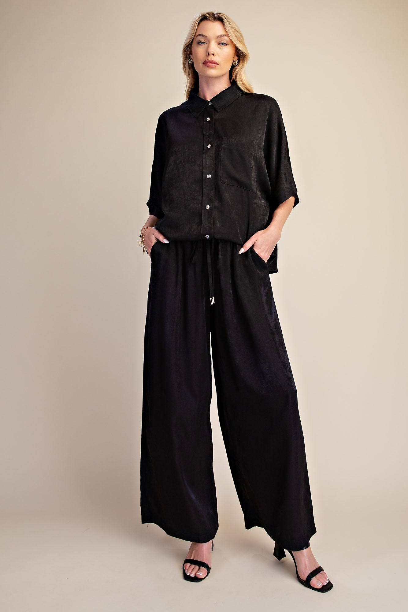 Drawstring Wide Leg Pants - Black