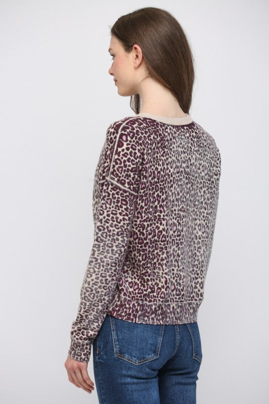 Animal Crew Neckline Sweater - Beige/Plum