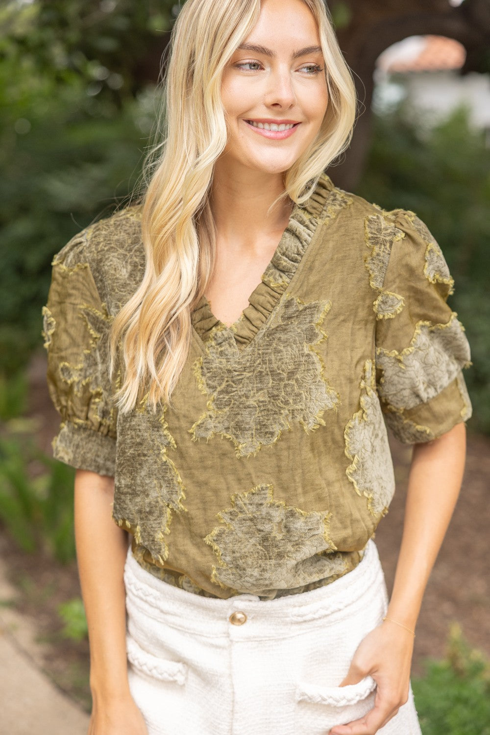 Olive Textured V Neck Top