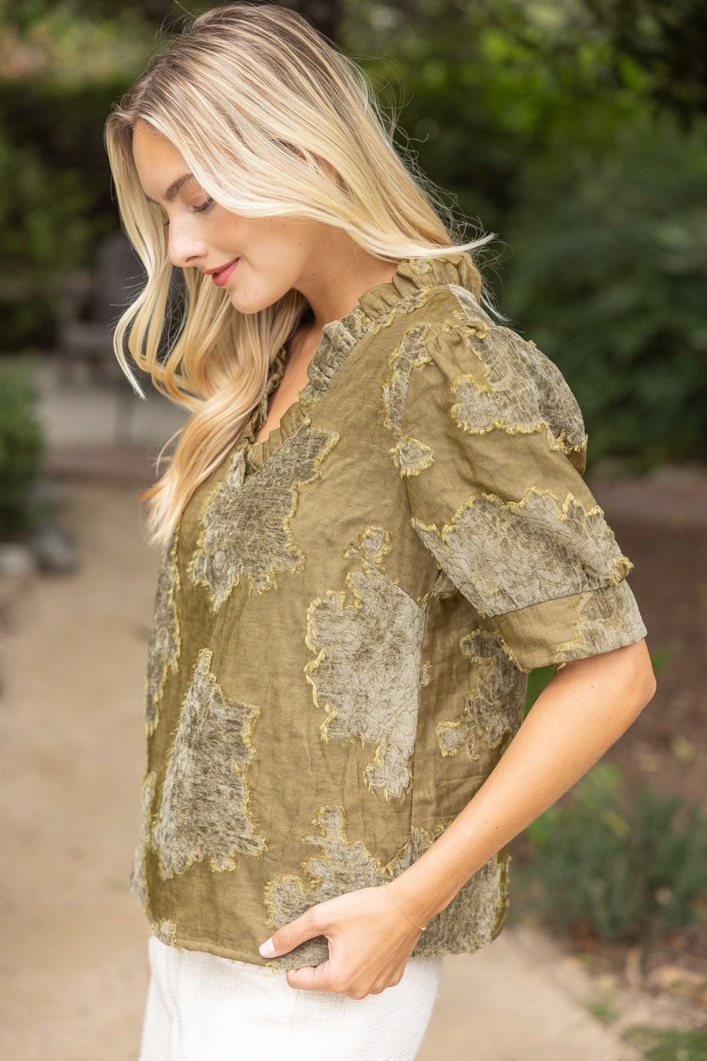 Olive Textured V Neck Top