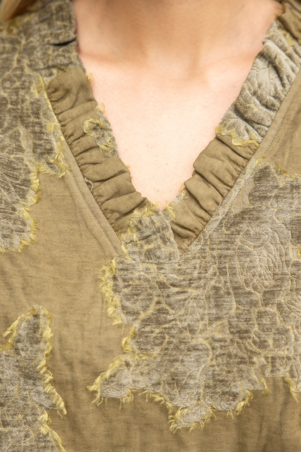 Olive Textured V Neck Top