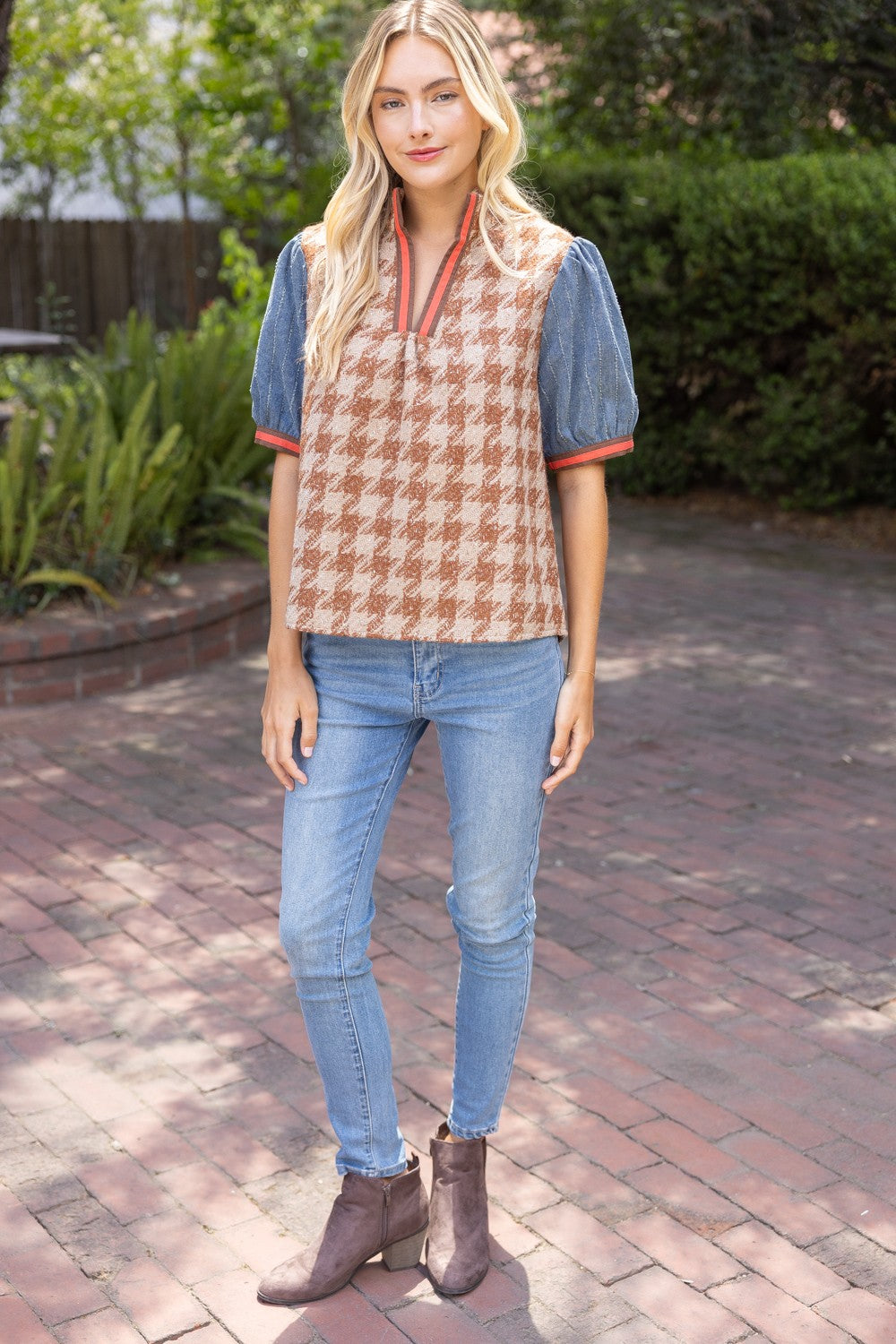 Houndstooth Tweed Top - Brown